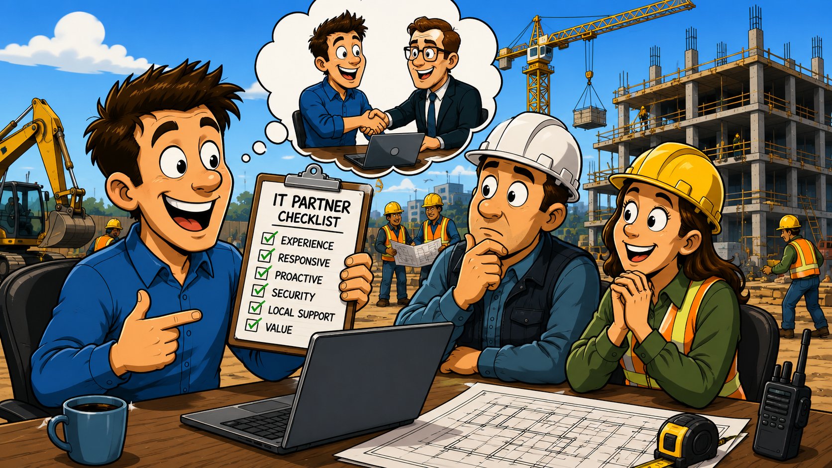 Construction team reviewing IT partner checklist at job site
